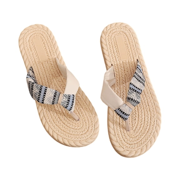 Willtoo Women's Flip Flops Fabric Strap Splicing For Home And Outdoor Wear, Linen Bottom Flat Bottom Flip Flops Sandals