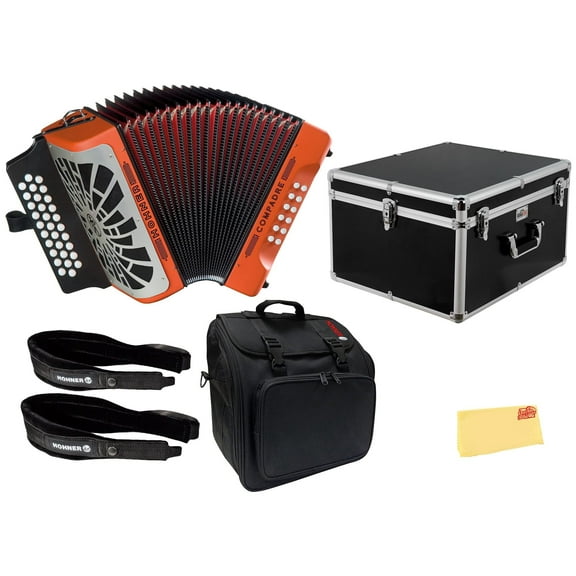 Hohner Compadre GCF 3-Row Diatonic Accordion - Orange Bundle with Hard Case, Gig Bag, Adjustable Straps, and Austin Bazaar Polishing Cloth