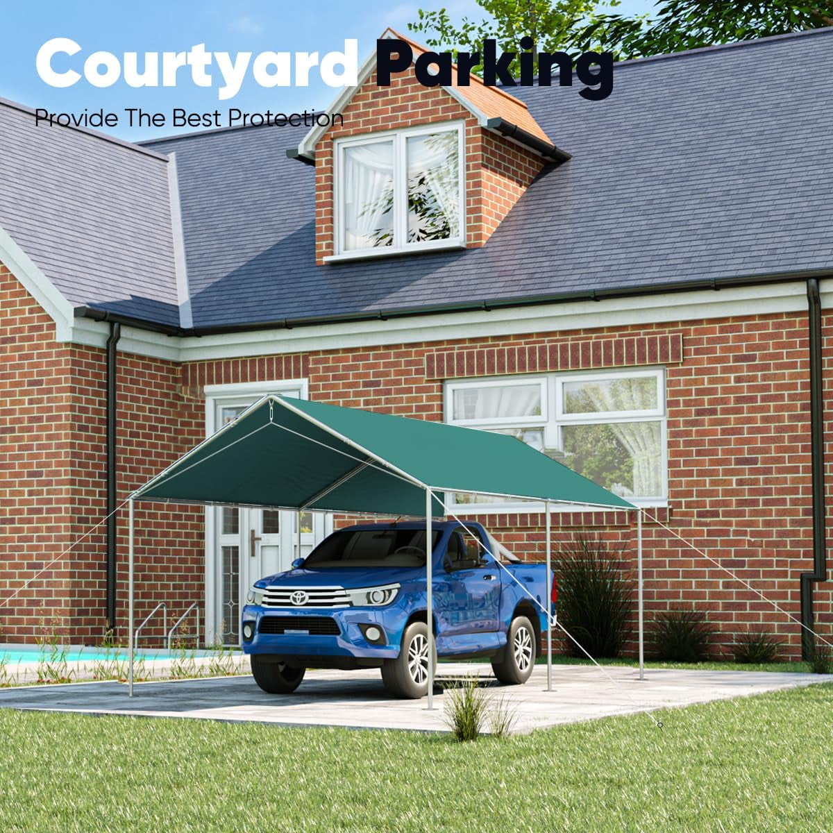 Quictent 10X15ft Upgraded Carport, Heavy Duty Car Canopy Carport Canopy Portable Garage Shelter Party Tent with 3 Reinforced Steel Cables, Green