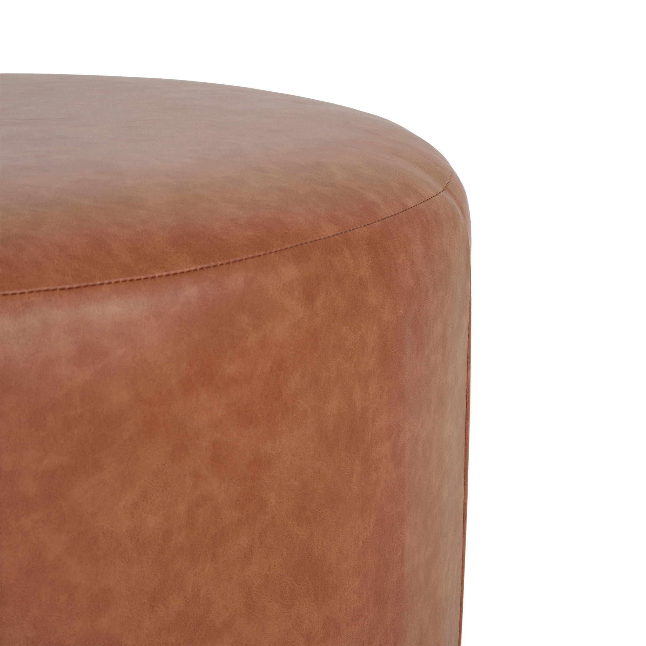 Christopher Knight Home 30" PU Upholstered Round Ottoman, Wood Frame, Cognac Brown