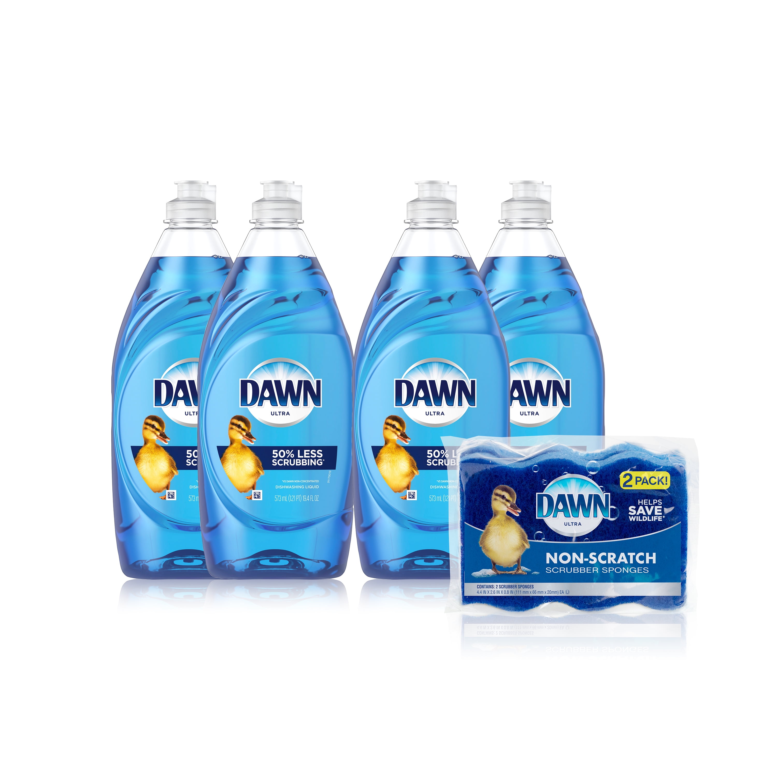 Dawn Ultra Liquid Dish Soap, Original, 4x19.4 fl oz plus 2 Ct Sponge