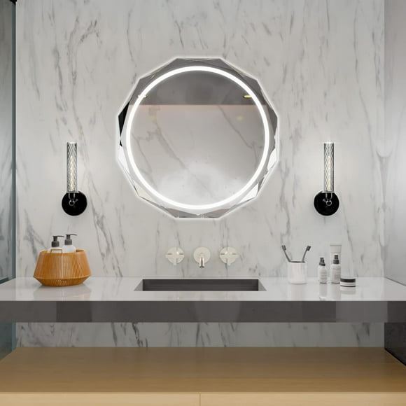 Miroir de Salle de Bain à LED Rond, Bord Biseauté Sans Cadre Miroir de Salle de Bain avec 3 Couleurs et Anti-Buée, 30 Pouces