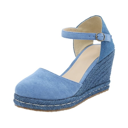 

KI-8jcuD Wedge Sandals for Women Dressy Summer Fashion Women Summer Flock Weave Wedges Breathable Buckle Strap Round Toe Sandals Comfortable Beach Sho Blue7.5
