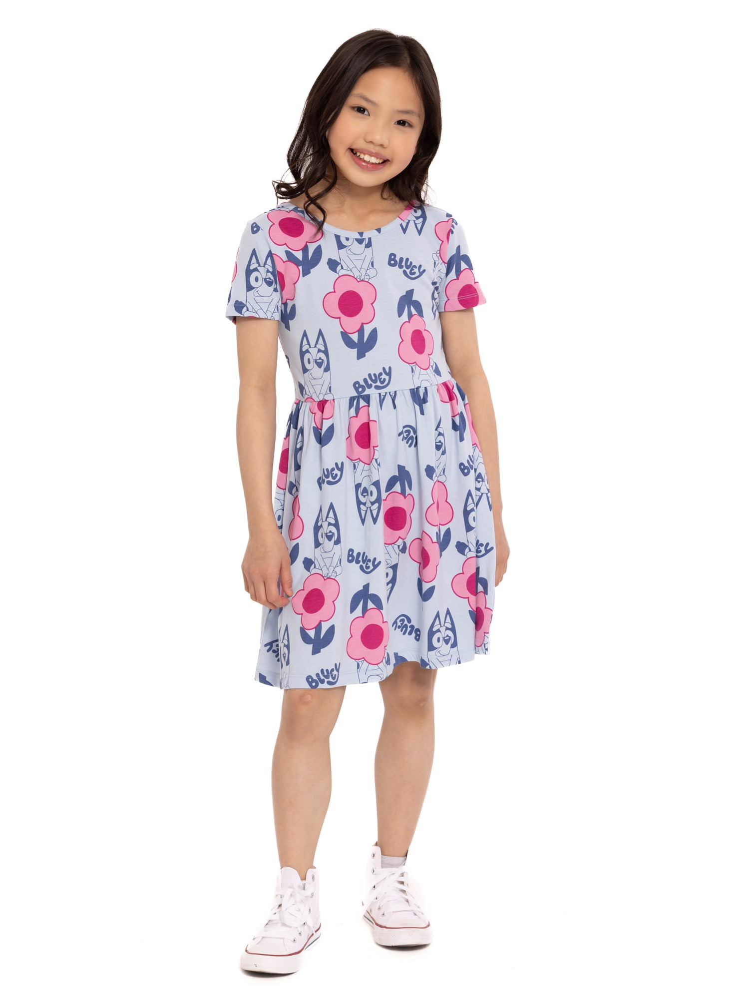 Bluey Girls Allover Print Dress with Short Sleeves, Sizes 4-12