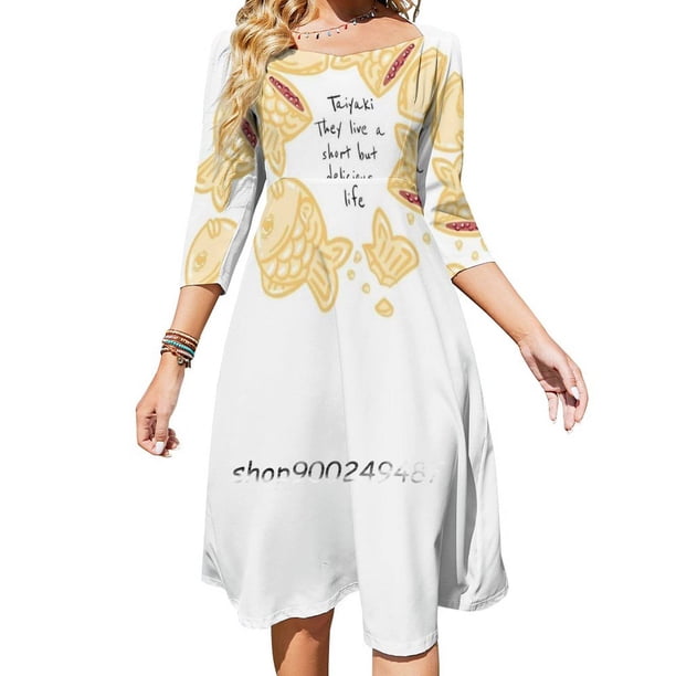 Vestido elegante y dulce de Taiyaki Life para mujer, vestido coreano kawaii con cuello cuadrado, comida de pescado de Taiyaki Life, anime japonés, lindo kawaii