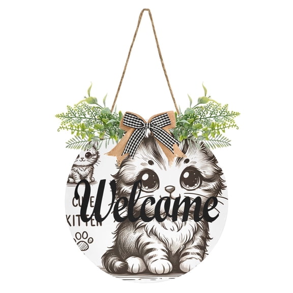 Cartoon Cute Little Cat Welcome Sign for Front Door Wreath Door Sign for Farmhouse Porch Decoration Indoor Outdoor