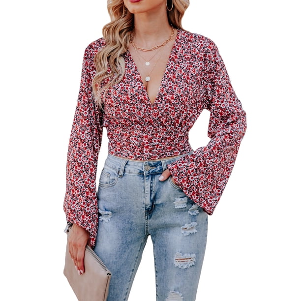 Txlixc Blusa de manga larga para mujeres, flor / patrón geométrico / vendaje impreso leopardo Txlixc moda