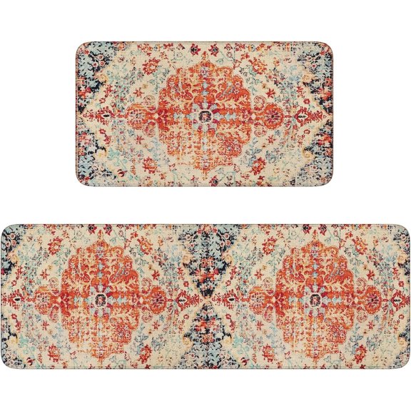 Boho Kitchen Rug Rectangle Red Blue Kitchen Rugs Non Slip Washable Set of 2 Washable Kitchen Mats Farmhouse Style Throw Rugs for Kitchen Long Rug