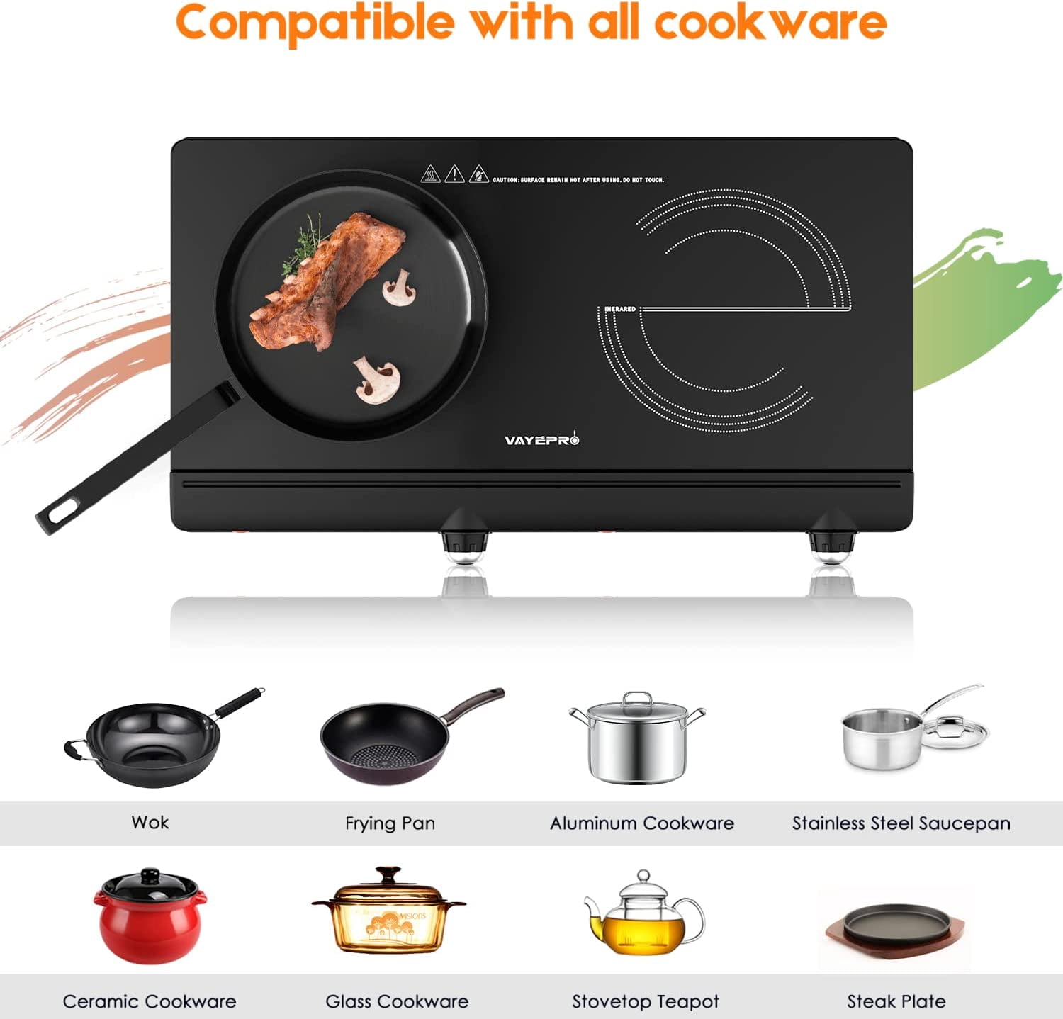 Electric Hot Plate for Cooking, Infrared Double Burner,Electric Cooktop 2 Burner,1800W Portable Electric Stove,Heat-up In Seconds,Countertop Cooktop for Dorm,Compatible with All Cookware