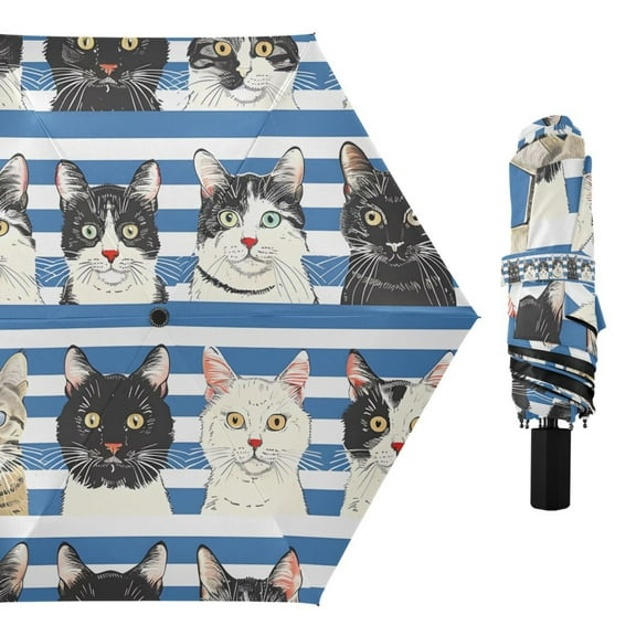 Cats with Blue White Striped Compact Sun Umbrella Windproof Travel Umbrellas for Rain Strong Portable UV Protection