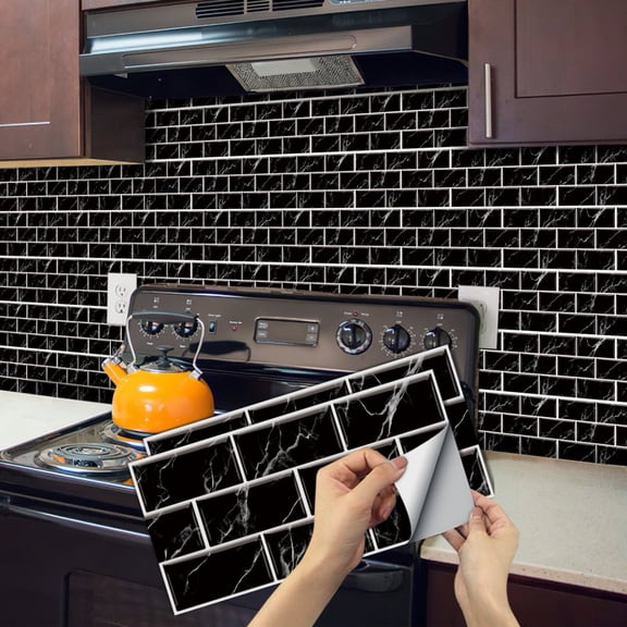 6Sheets Waterproof Peel and Stick Tile Stickers 11.8x5.9inch Mosaic Brick Black Gray Marbling Wall Decals Self Adhesive Vinyl Wallpaper Backsplash