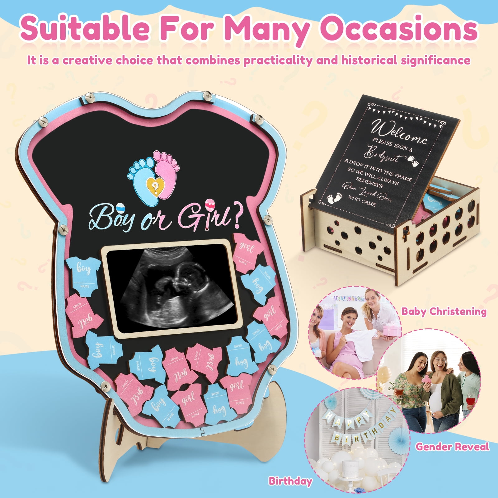 64 Pcs Gender Reveal Baby Shower Guest Book Alternatives Set Baby Shower Decorations with Photo Frame Sonogram Frame Keepsake 60 Wood Slices Guest Book for Expecting Parents and Celebrations