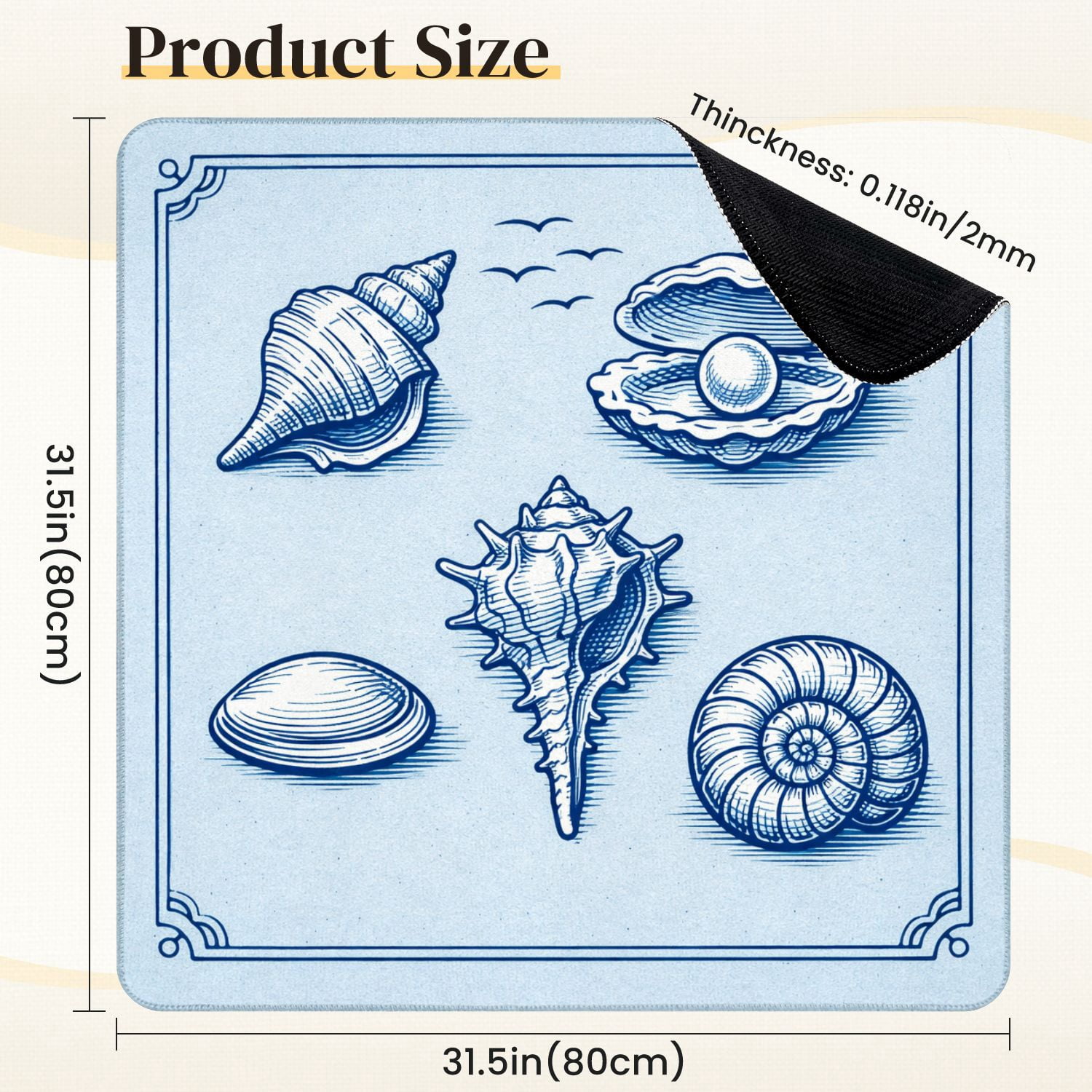 Mahjong Mat 31.5" x 31.5" Detailed Line Various Seashells Pearl Oyster Non-Slip Noise Reduction Mahjong Tiles Table Cover for Dominoes Poker Card Board and Tile Games