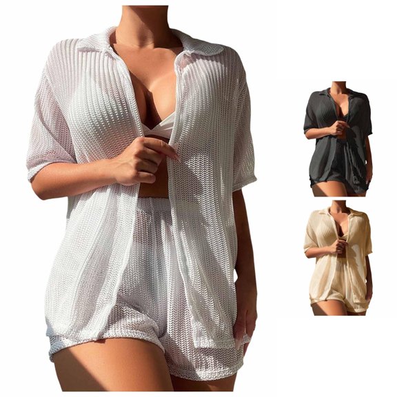 Women's Swimsuit Cover up Women's 2 Piece Cover Ups Set Short Sleeve Open Front Kimono Swimsuit Coverup With Shorts White,M