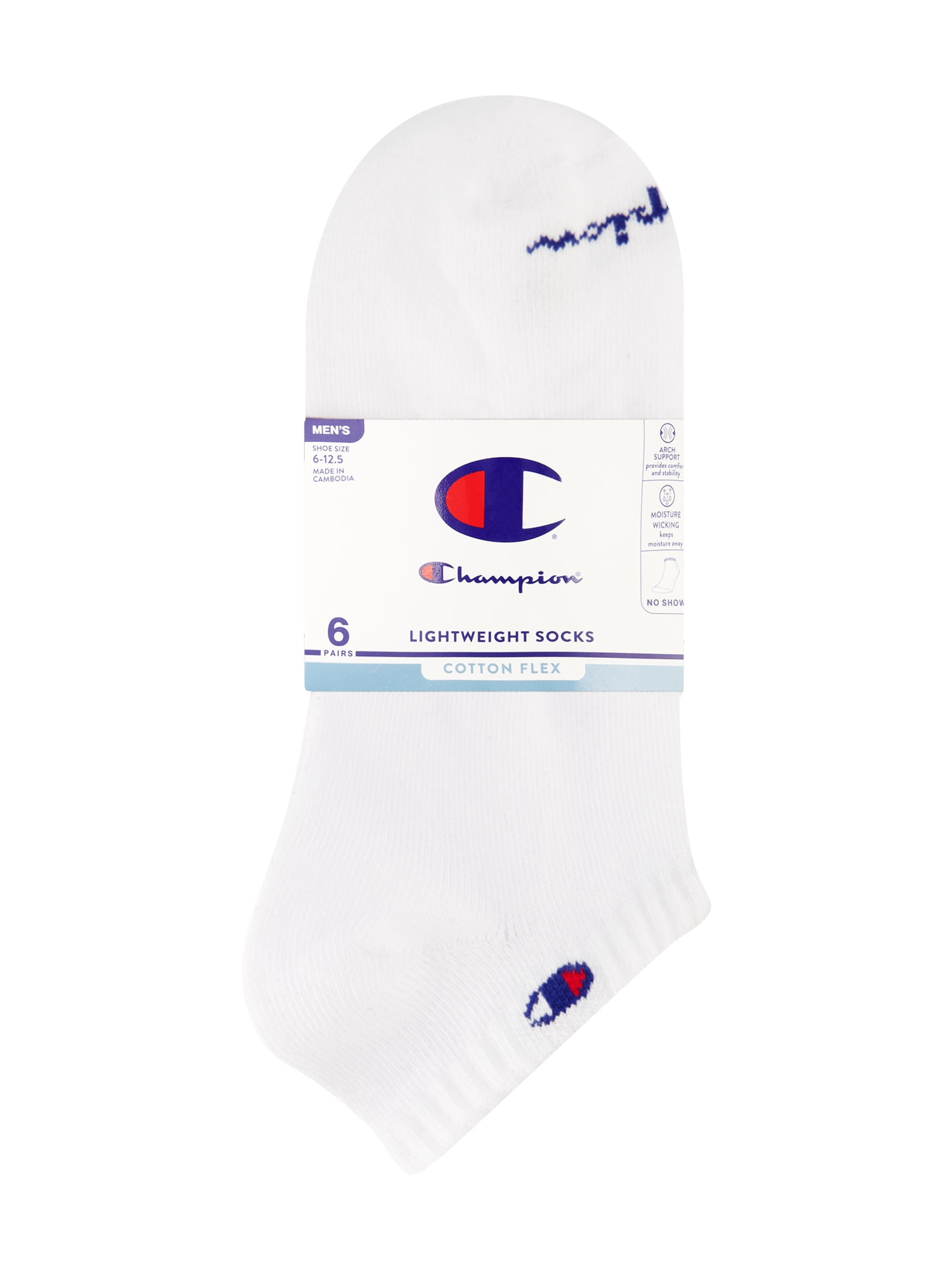Champion Men’s Lightweight No Show Socks 6 Pack, Moisture-Wicking, Arch Support, Stretch Comfort, Sizes 6–12.5