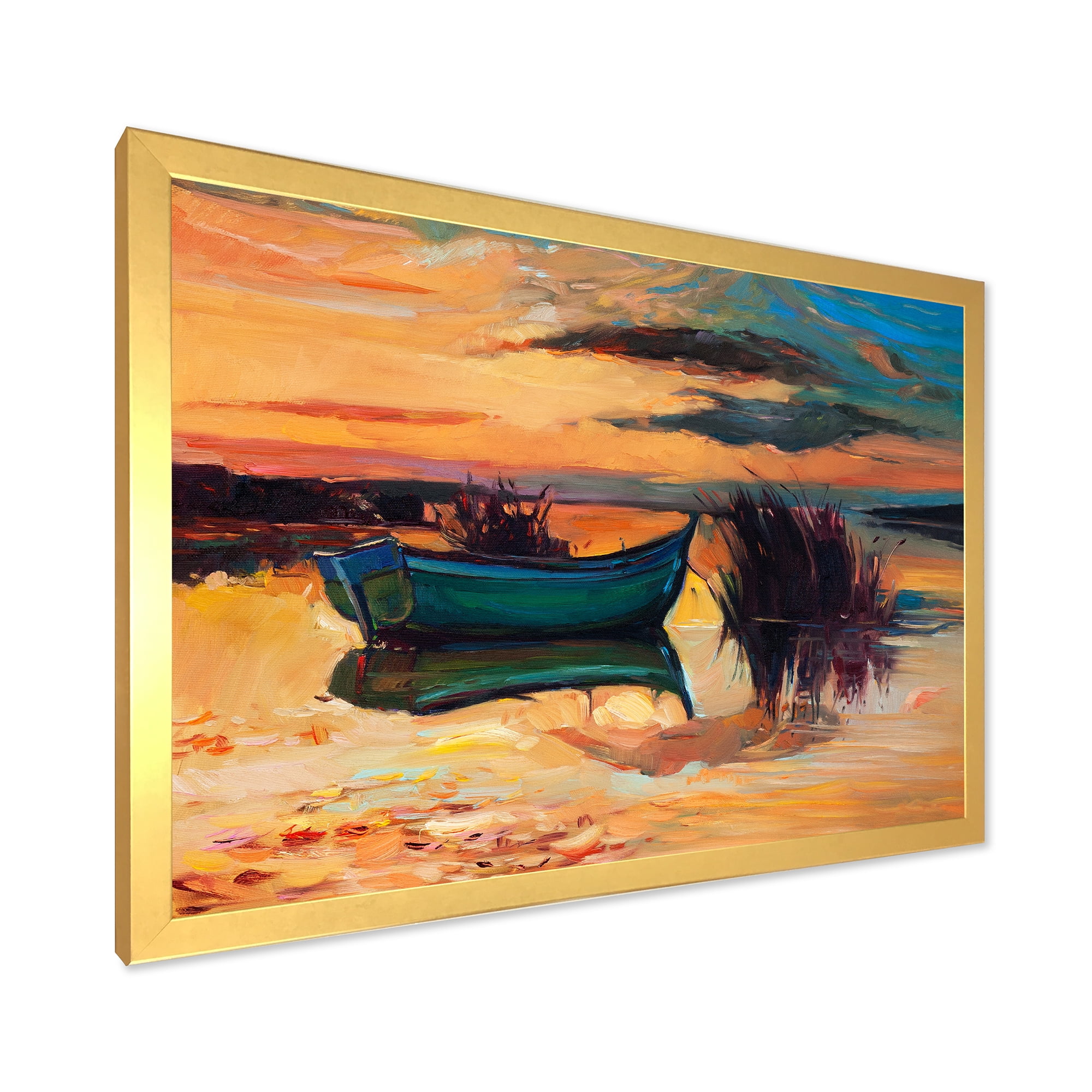 Boat At The Lake During Evening Glow I 32 in x 24 in Framed Painting Canvas Art Print, by Designart
