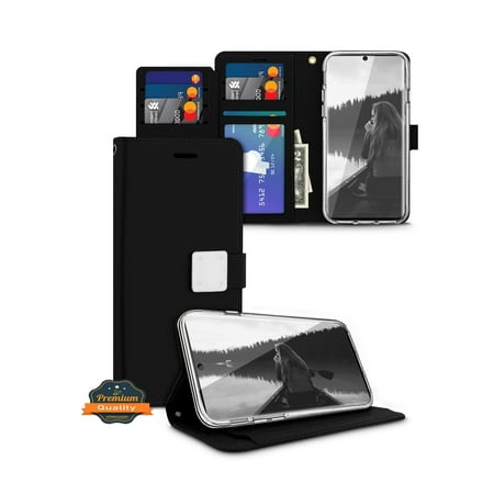 For TCL 30 /30 5G/30+ Plus luxurious PU leather Wallet 6 Card Slots folio with Strap & Kickstand Pouch Flip Shockproof Phone Case Cover by Xpression [Black]
