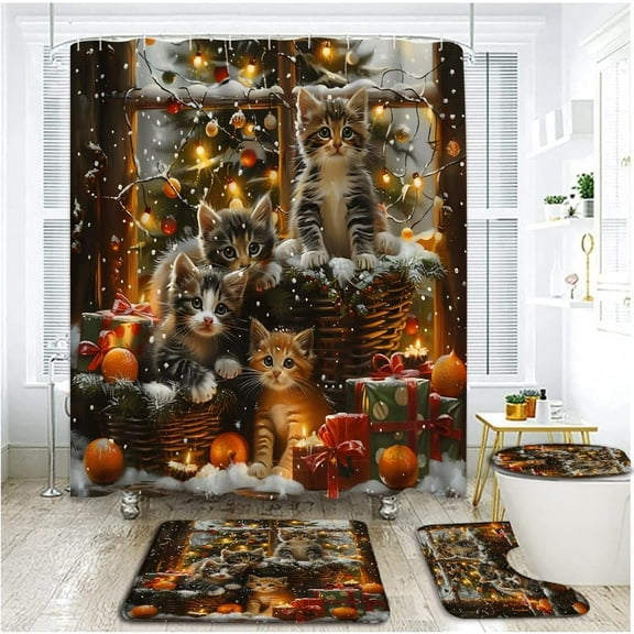4 Piece Christmas Cats Shower Curtain Set with Rugs, Toilet Lid Cover ,Rustic Farmhouse Cute Kitten Xmas Balls Decor Christmas Tree Winter Holiday Snowflake Animal Bathroom Shower Curtain with Hooks