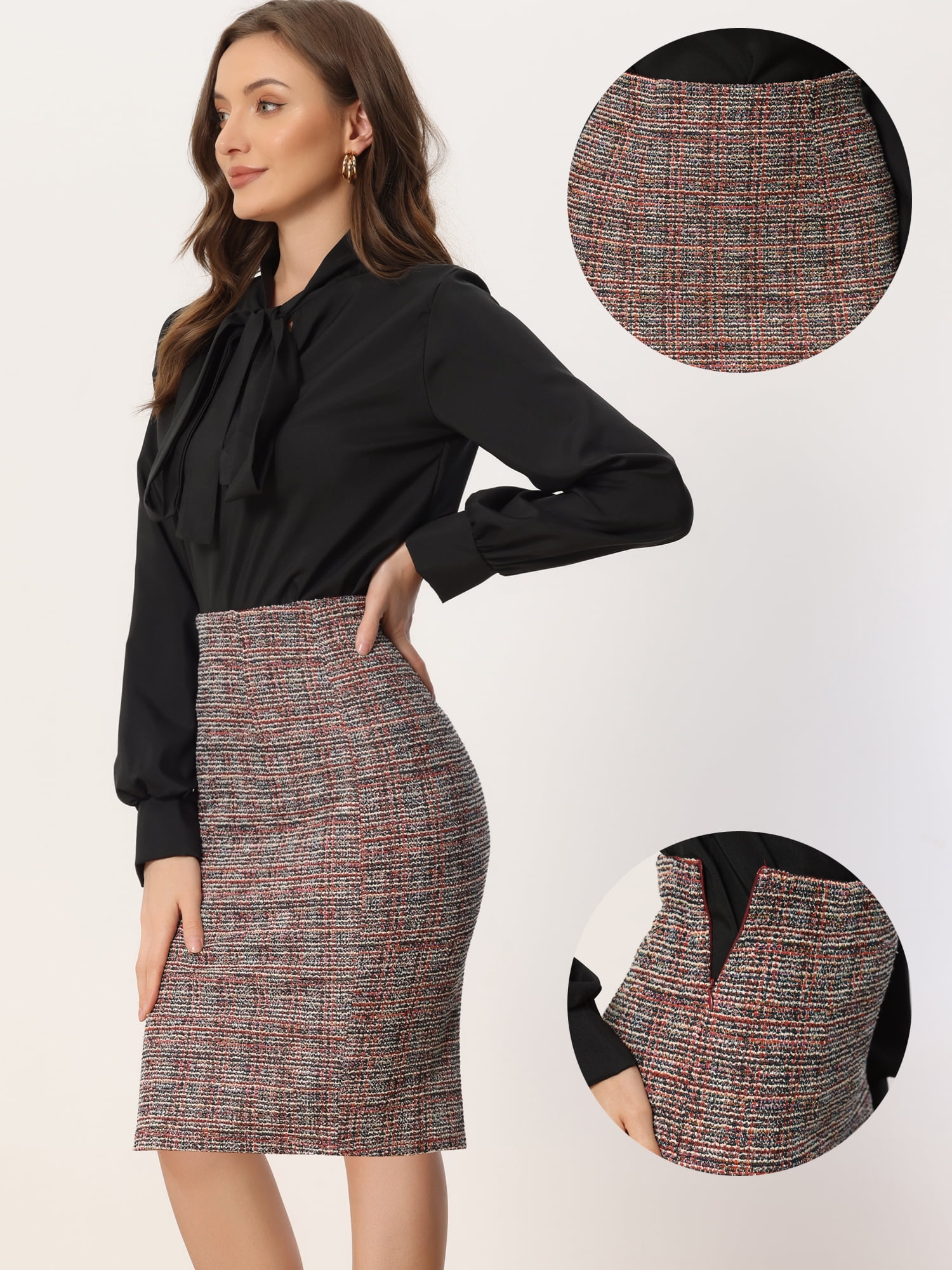DARING DIVA Women's Tweed High Waist Plaid Pencil Skirts M Burgundy