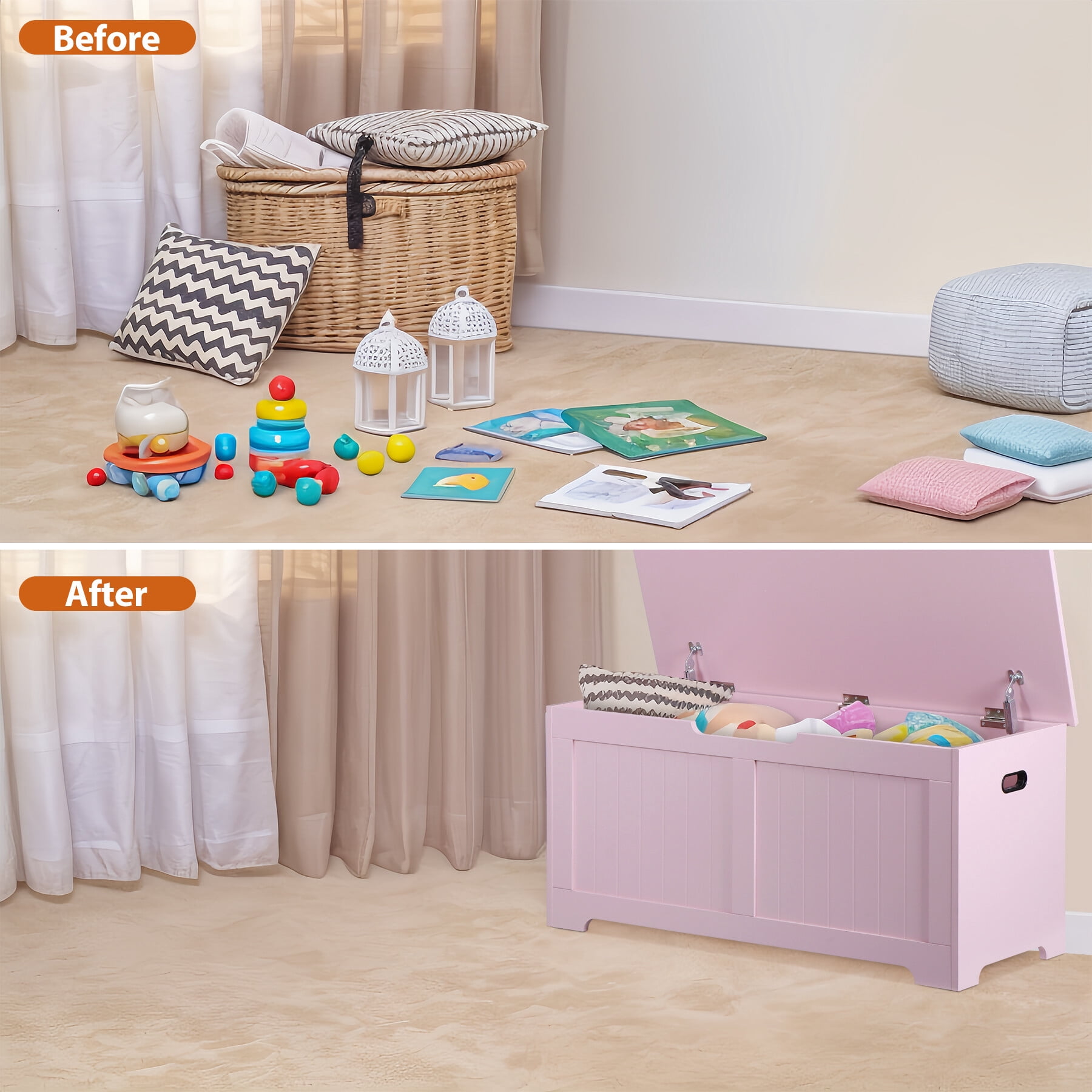 ZENSTYLE Lift Top Entryway Storage Chest/Bench with Side Handles, MDF Frame Toy Box, Pink