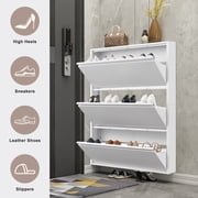 Marcree Shoe Cabinet with 3 Flip Drawers, Metal Entrance Shoe Cabinet Storage for Entryway, Modern Hidden Narrow Shoe Rack Organizer Cabinets Wall Mount for Living Room, Bedroom, Hallway, White