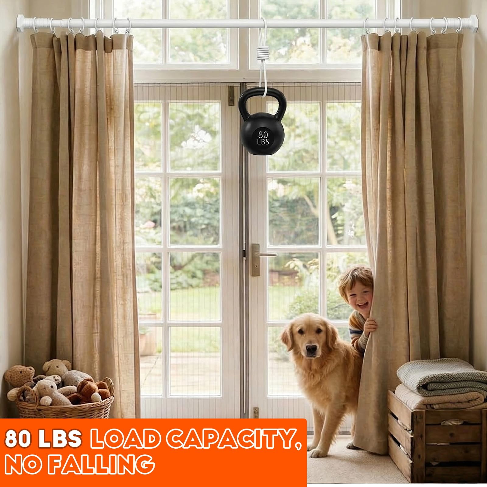 VEGCOO 45-168" Adjustable Tension Curtain Rod, 2-in-1 Drill-Free or Screw-Fixed Heavy Duty Matte White Shower Rod for Bathroom Windows Patio