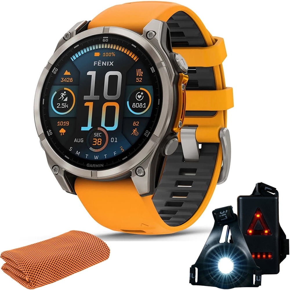 Garmin 010-02904-10 Fenix 8 47 mm AMOLED Sapphire Titanium with Spark Orange Silicone Band Bundle with Workout Cooling Sport Towel and Wearable Commuter Front and Rear Safety Light