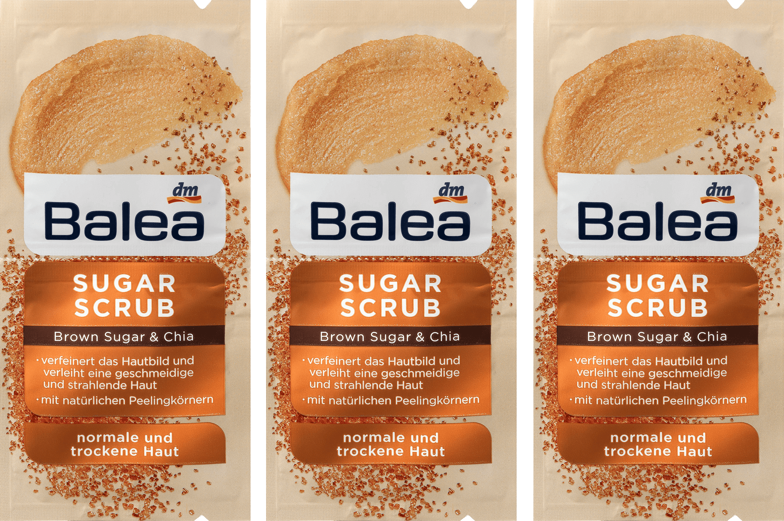 Balea 3 x Peeling Sugar Scrub, Brown Sugar & Chia, 3 x 16 ml (6