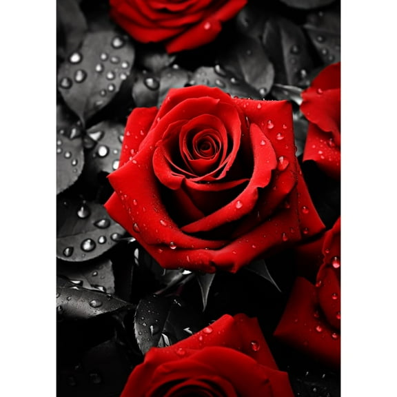 Rose in Bloom Black Leaves 5D Diamond Art DIY Paint with Full Drill Round Diamond Gems Painting by Number Kits for Adults Art Craft Home Wall Decor 15.8x19.8in