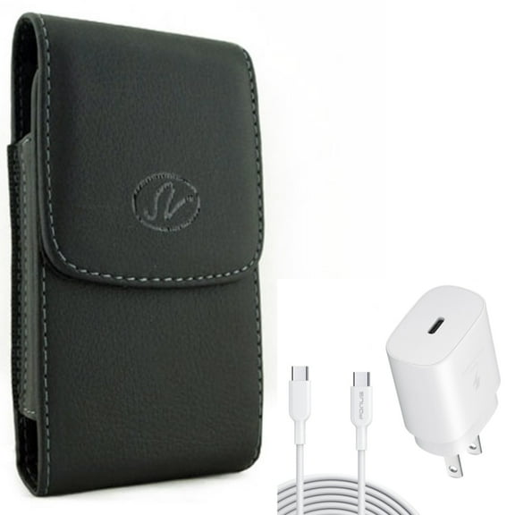 PD Type-C 25W Fast Home Charger w Leather Case Belt Clip for Samsung Galaxy A53 5G,A33 5G Phones - 6ft USB-C Cable Quick Power Adapter, Holster Cover Pouch Vertical