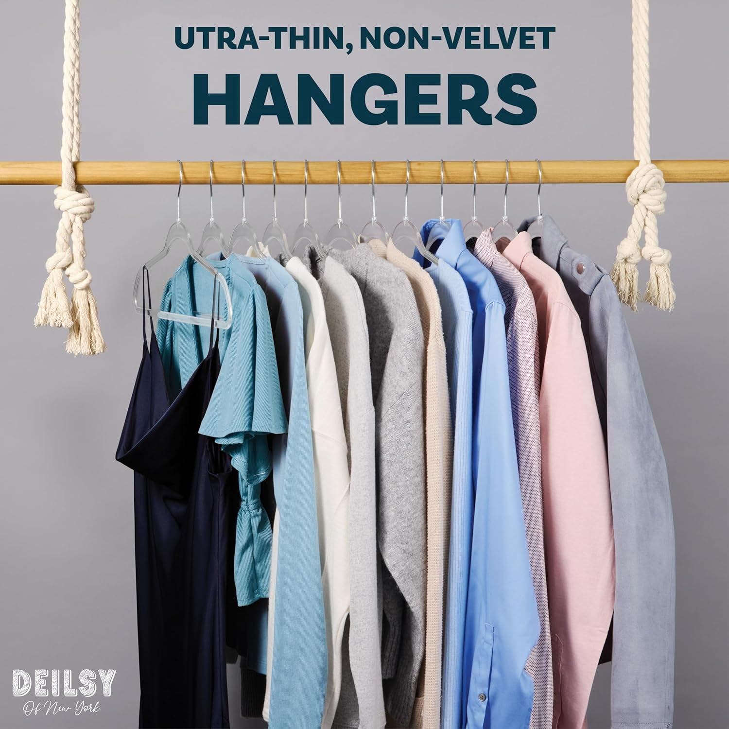 DEILSY Clear Hangers 50 Pack with Silver Hook - Non Velvet Slim Hangers - Durable Hanger Space Saver for Closet Organization, Shirts, Dresses, Jackets, Pants, Adult Clothes Storage Solution