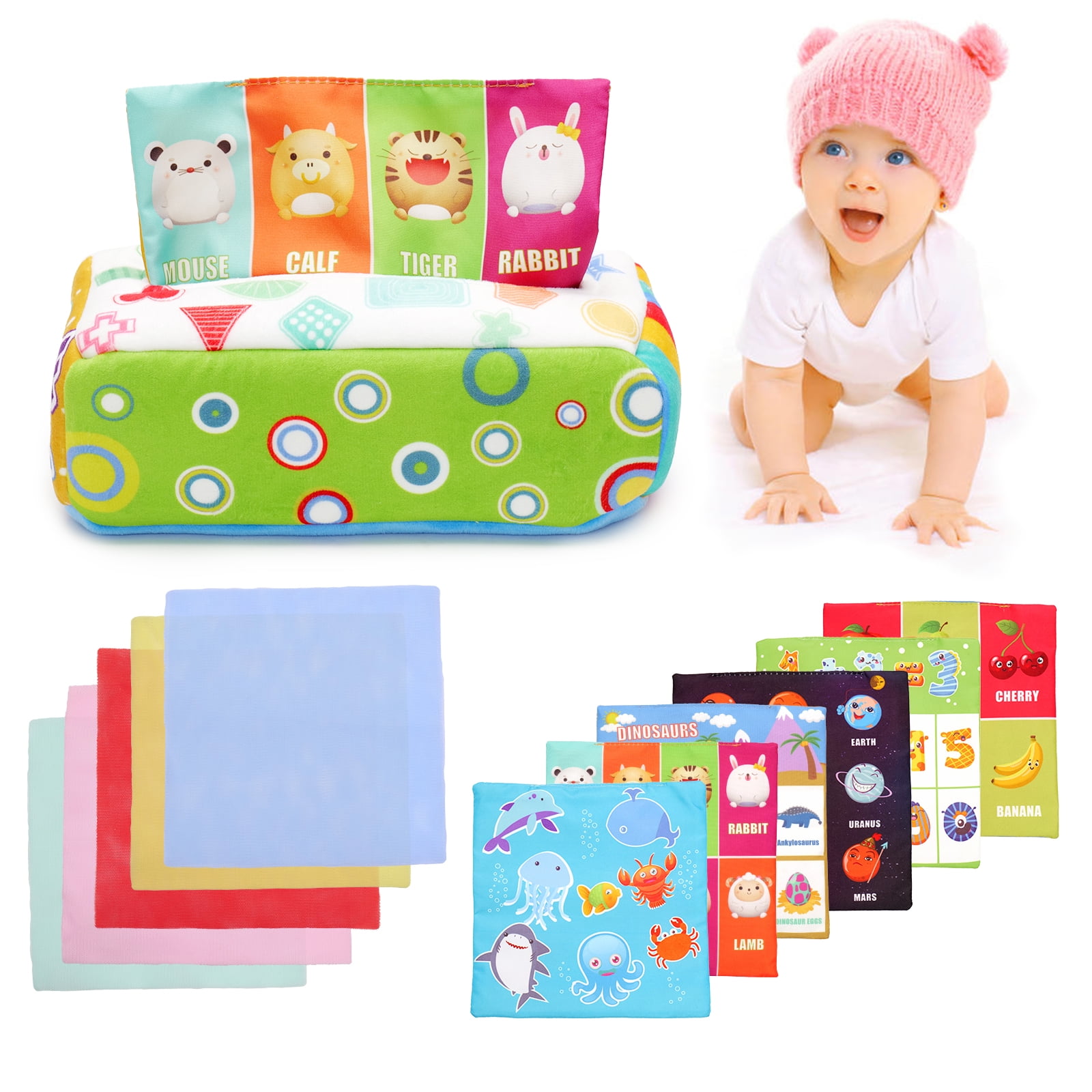 Baby Tissue Box Toy, CAUTUM Soft Pull Along Sensory Box for Toddlers