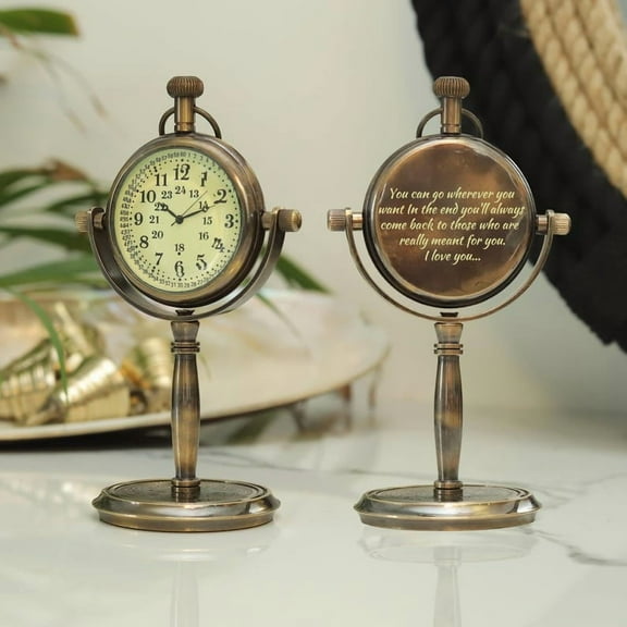 Vintage Brass Desk Clock with Engraved Quote – Rotating Table Clock – Gift for Husband, Boyfriend, or Anniversary
