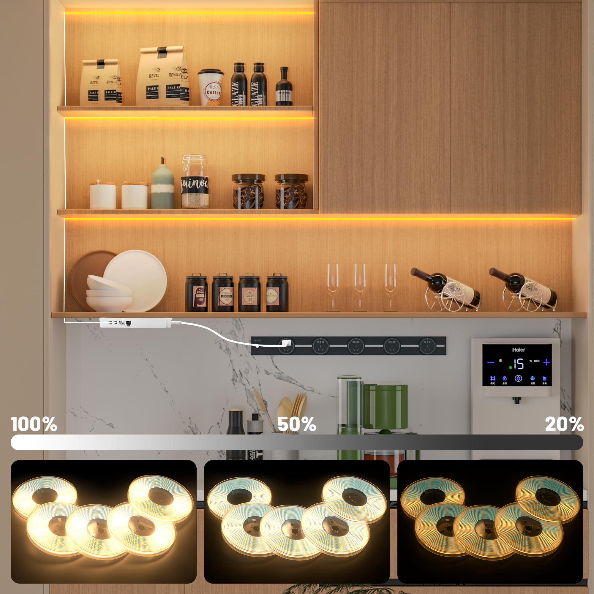 Keypai 6.56ft COB LED Strip Light, 6 Rolls of 3000K Flexible COB LED for Acoustic Panel and Wood Slat Wall Panels Parallel with Dimmable Touch Sensor Switch, Cuttable for Wood Slat Lighting, Shelf