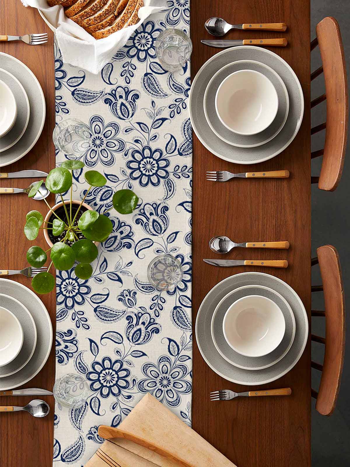 nqOlkjepod Navy Blue Flowers Table Runner 48 Inches Long Farmhouse Dress Scarves, Retro Ethnic Floral Pastoral Art Dining Tablerunner for Coffee Table/Kitchen Island/Party Décor, 13" x 48"