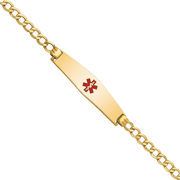14K Solid Yellow Gold Medical Alert Curb Link Name Bar Identification ID Bracelet