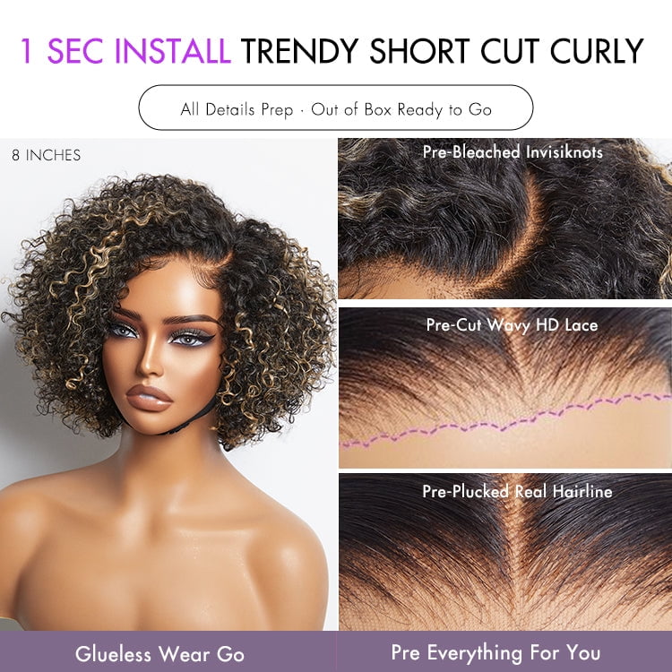 LUVME Trendy Short Cut Curly Minimalist HD Lace Glueless Side Part Wig 100% Human Hair