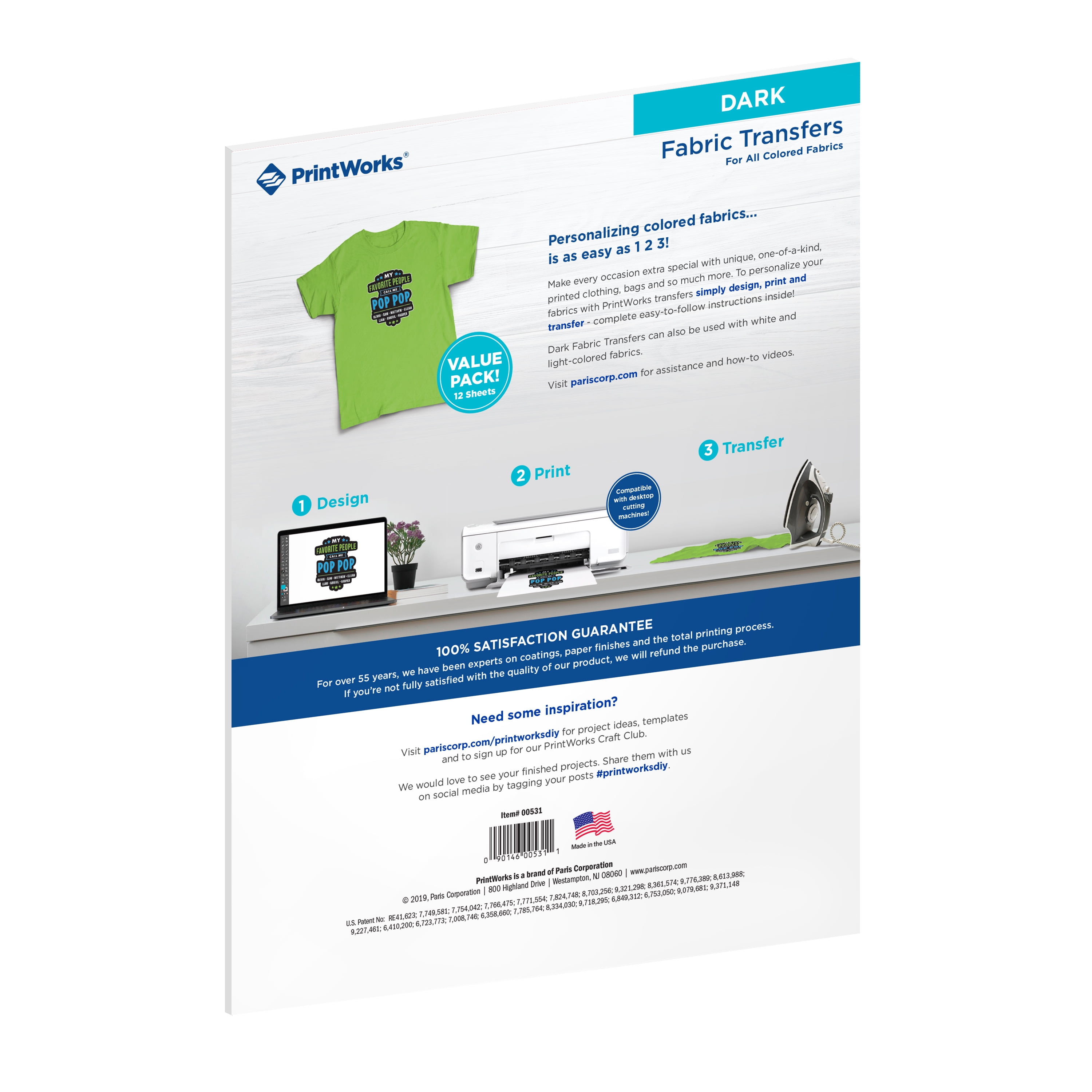 Printworks Color Fabric Transfer Paper, 144 Sheets, Iron on, Printable, Inkjet Compatible, 8.5 x 11