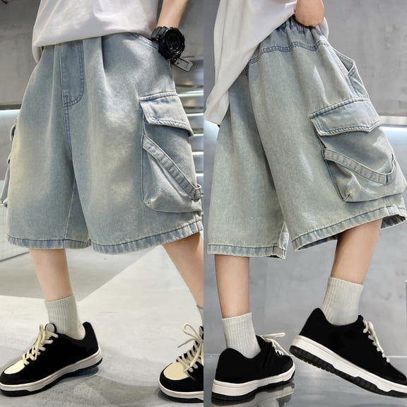 Boys Denim Shorts Size 15-16 Years Blue Lightweight Stretch Fashion Cargo Shorts Breathable Solid Color Summer Clothing