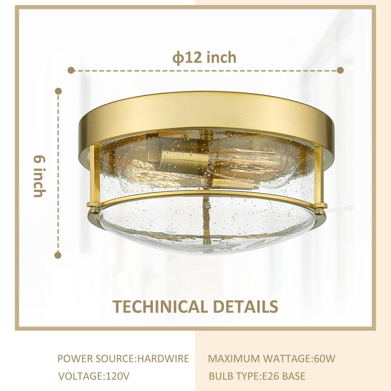 12 inch 2-Light Gold Flush Mount Lighting Fixture Metal Ceiling Light  Fixtures Champagne Bronze Finish with Seeded Glass Bedroom Kitchen Entryway  Dining Room Hallway Lighting