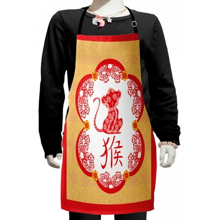 

Asian Kids Apron Traditional Symbols with Folk Art Ornamental Monkey in Ethnic Frame Print Boys Girls Apron Bib with Adjustable Ties for Cooking Baking Painting Mustard and Vermilion by Ambesonne