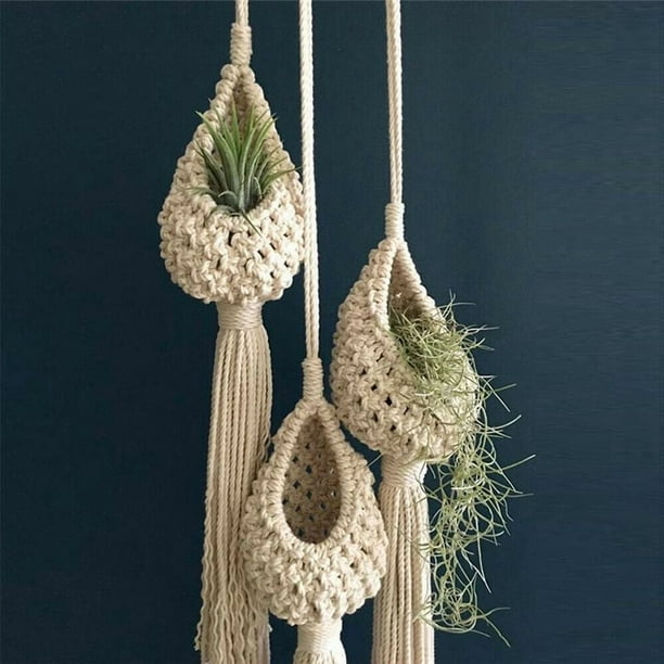 3X Colgador de Planta de Aire Boho Macrame Soporte de Cuerda para Cesta Colgante Tillandsia Decoración del Hogar de Flores (13 CM)