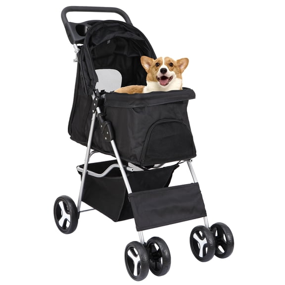 WoofPaw 4 Wheels Pet Stroller Dog Cat Stroller for Small Medium Dog Cats Foldable Carrier Jogger Travel Puppy with Storage Basket and Cup Holder,Black