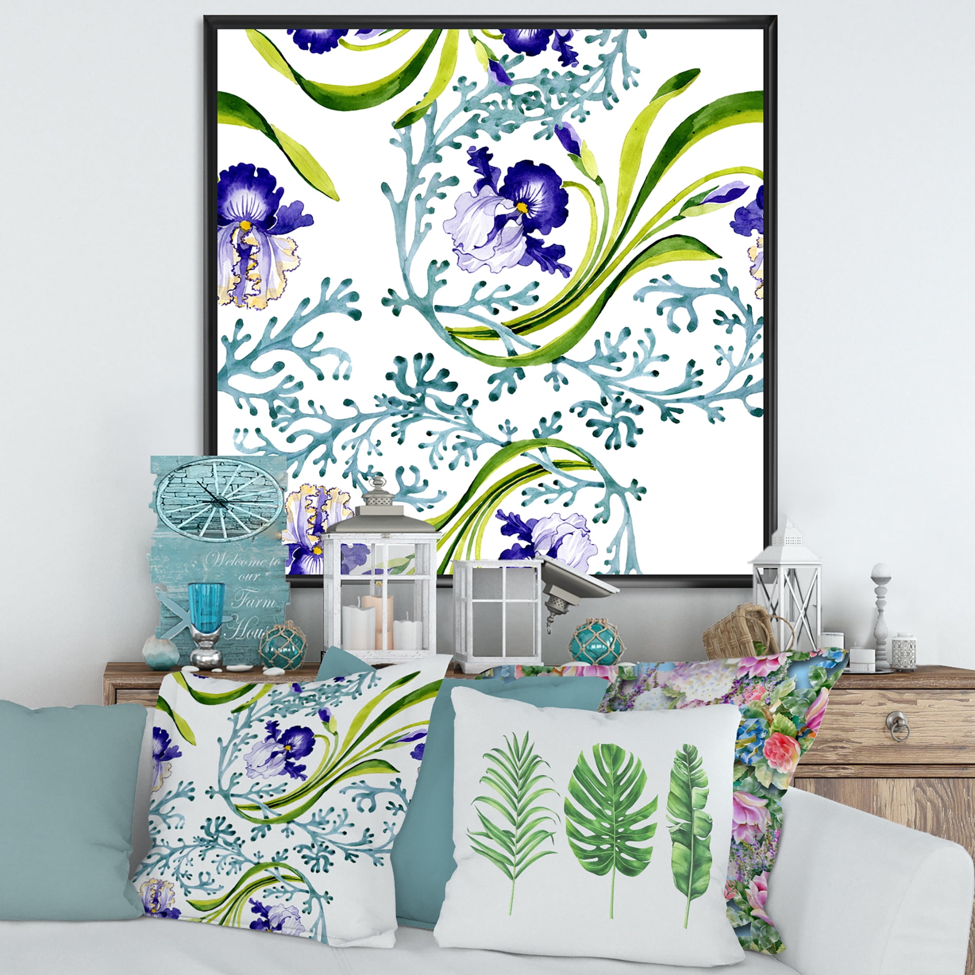 Designart 'Abstract Blue Iris With Wild Spring Leaves' Traditional Framed Canvas Wall Art Print