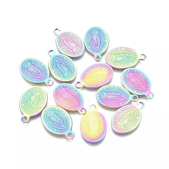 EOEMY 10Pc Rainbow 304 Stainless Steel Oval Charms Metal Virgin Mary Pendants 14.5X9mm