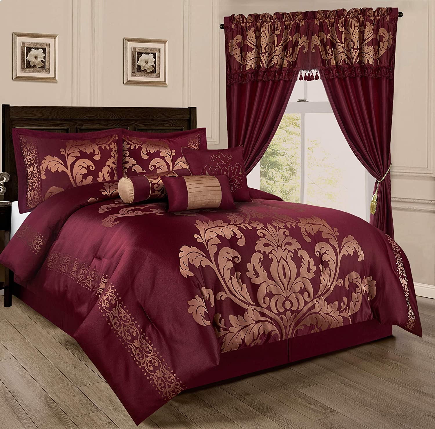 Deluxe Silky Jacquard Gold Tone Floral 7 pcs King Queen Comforter or Curtain Set 