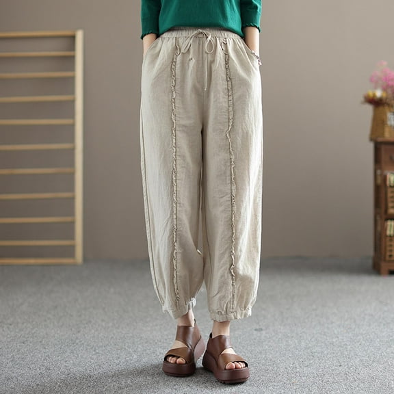qolati Womens Cotton Linen Capris Pants Summer Elastic Waisted Casual Pants Wide Leg Loose Fit Comfy Palazzo Pajama Beach Trousers
