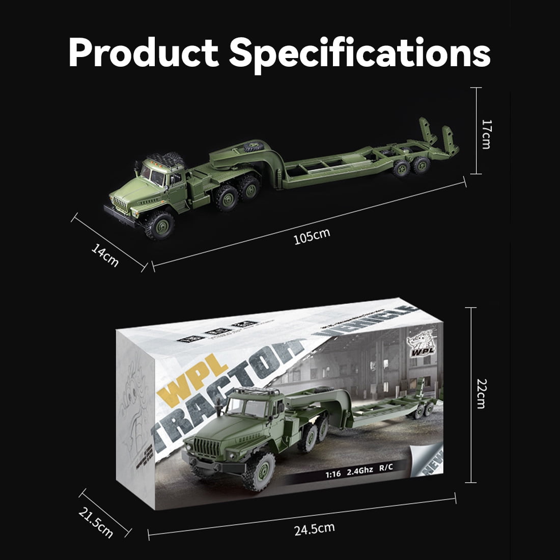 WPL B36-3 2.4G 1/16 Scale Remote Control Military Trailer - 6 Wheel Drive & LED Headlights, All Terrain Remote Control Car for Outdoor Adventure, Gift for Adult & Enthusiast (Army Green)