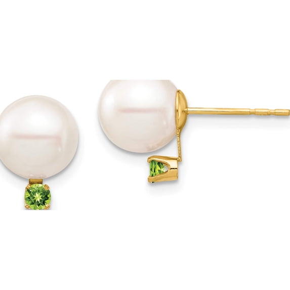 14K Yellow Gold 8-8.5mm White Round Freshwater Cultured Pearl Peridot Post Earrings Made In Canada xf754e/pe