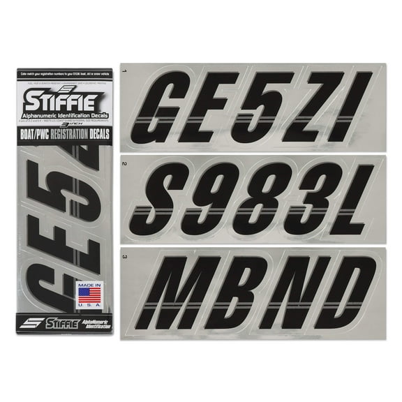 STIFFIE Techtron Black/Chrome 3" Alpha-Numeric Identification Custom Kit Registration Numbers & Letters Marine Stickers Decals for Boats & Personal Watercraft PWC